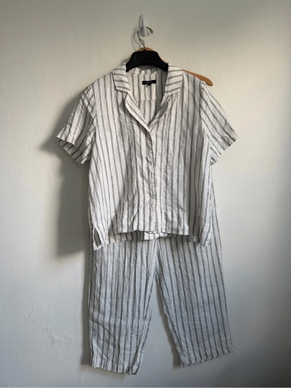 SMALL Quince linen set short sleeve button elastic waist pants oatmeal stripes